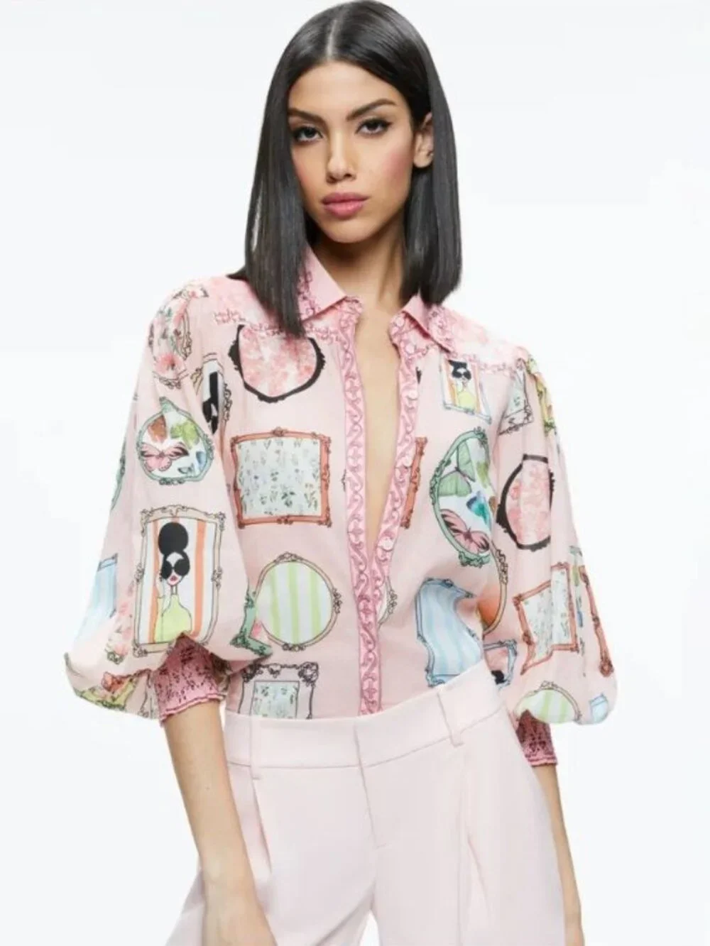 Alice + Olivia Tiffie Mirror Stace Face Drama Sleeve Blouse Medium - Picture 1 of 12